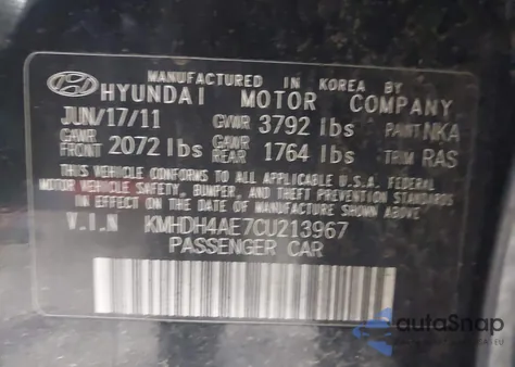 2012 Hyundai Elantra Gls (Ulsan Plant) from USA, damaged, VIN KMHDH4AE7CU213967